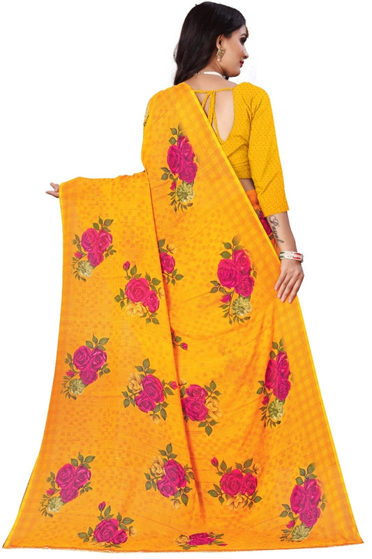 Yellow Floral Georgette Saree | Festive & Evening Wear