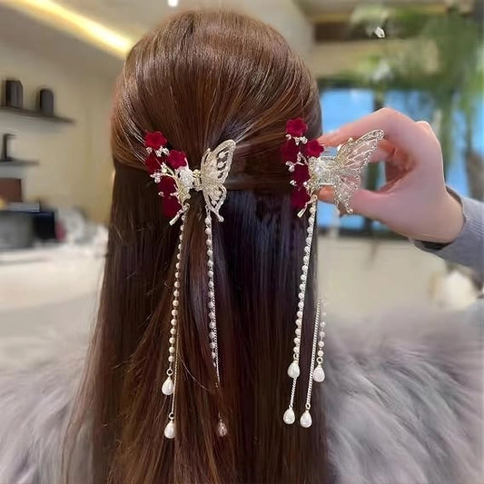 Luxury Butterfly Hair Claw Clip with Rhinestones & Pearl Tassels