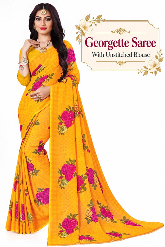 Yellow Floral Georgette Saree | Festive & Evening Wear