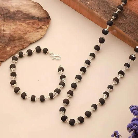 Silver Plated Karungali Mala + Bracelet Combo