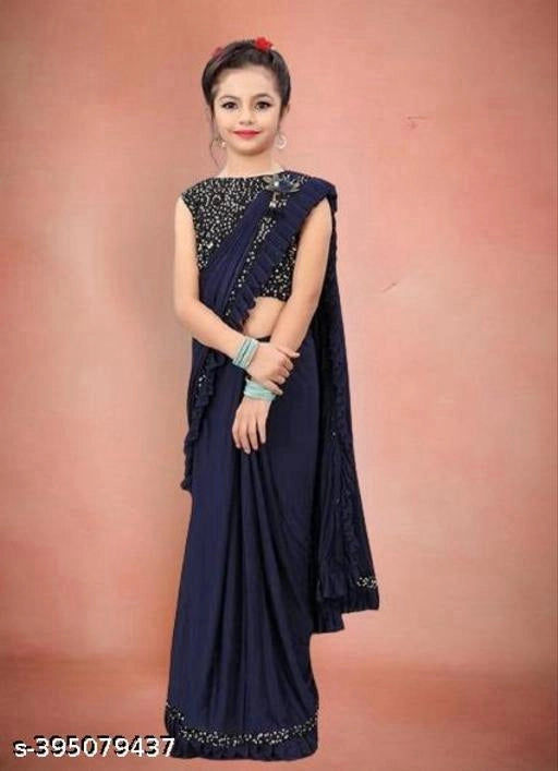 लड़कियों के लिए लाइक्रा सॉलिड साड़ी (नेवी ब्लू, 3-4 साल)