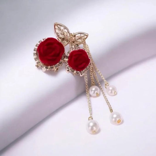 Floral Hair Clutcher with Red Rose & Pearl Danglers