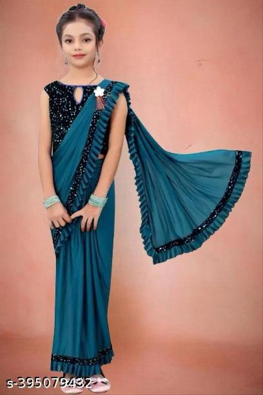 लड़कियों के लिए लाइक्रा सॉलिड साड़ी (टील, 3-4 साल)