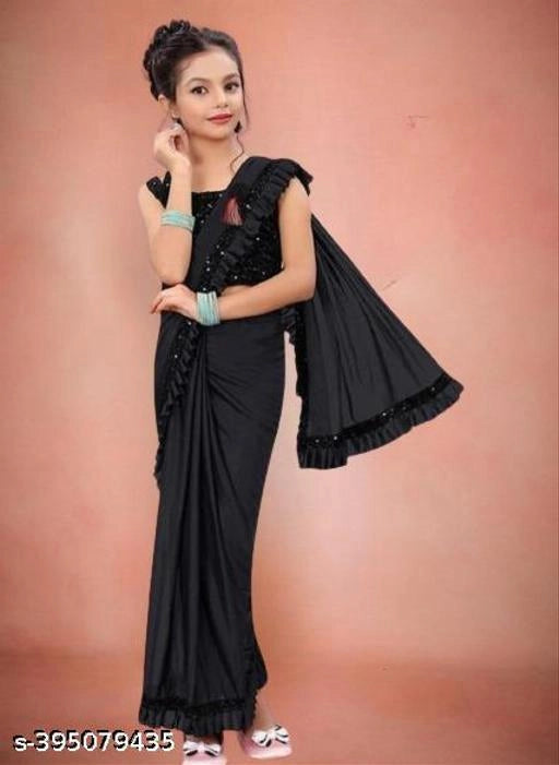 लड़कियों के लिए लाइक्रा सॉलिड साड़ी (काला, 3-4 साल)