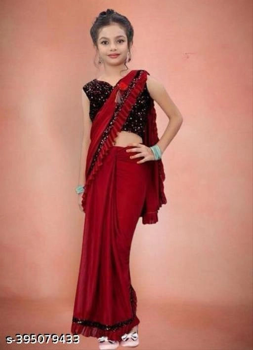 लड़कियों के लिए लाइक्रा सॉलिड साड़ी (लाल, 3-4 साल)