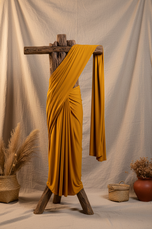 Mustard Lycra Saree - Rustic Stand View