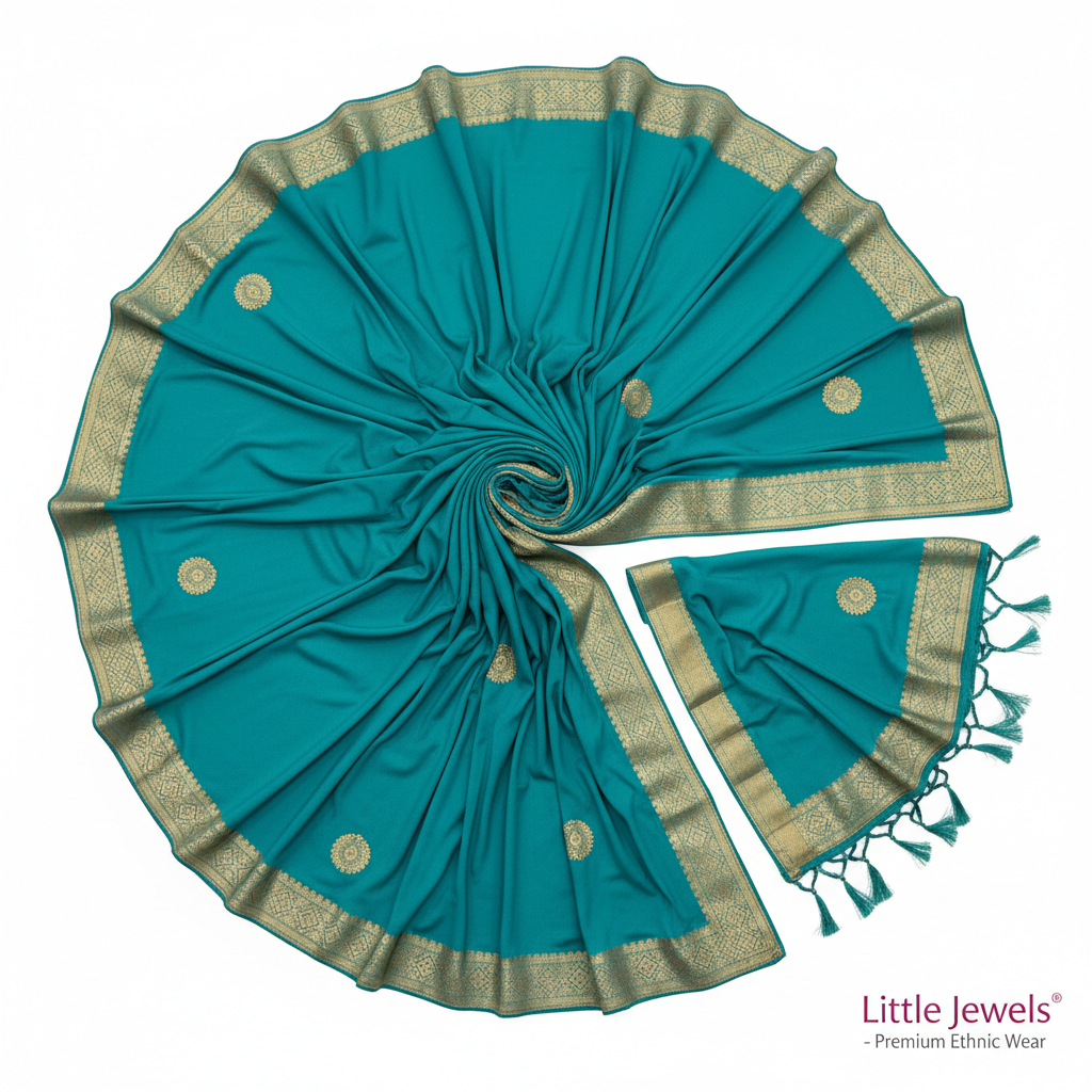 Teal Lycra Saree Flat Lay