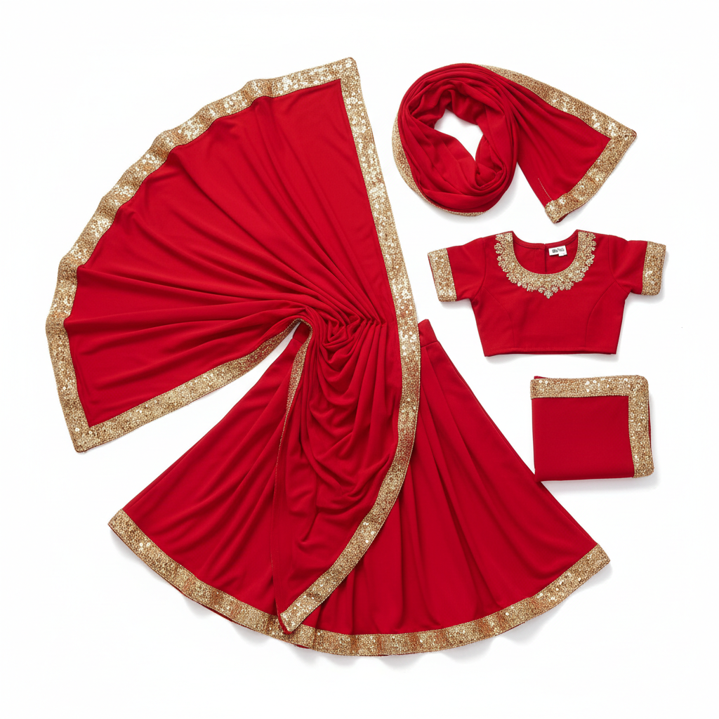 Red Lycra Saree Flat Lay
